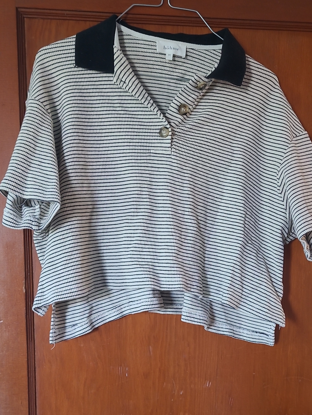 bohme Black & White Striped Cropped Polo Top